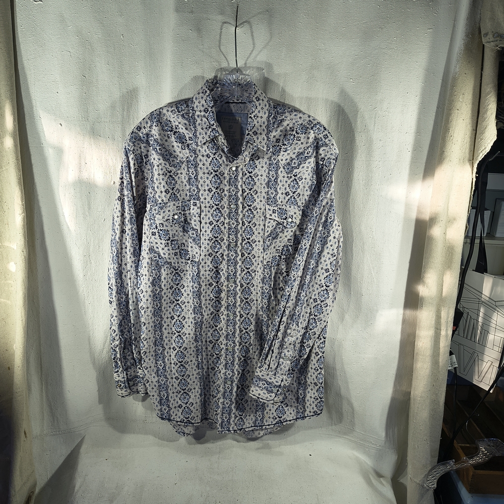 Panhandle Roughstock Men's Size Sm Blue & White S west Pttrned Shirt W/Pearl Snp